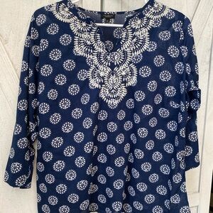 Talbots Embroidered Floral Tunic Top Womens Xp Peasant Top Beaded Navy Blue